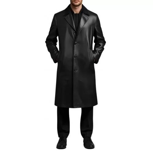 Manteau classique homme en cuir d'agneau noir fermeture par boutons modèle 50