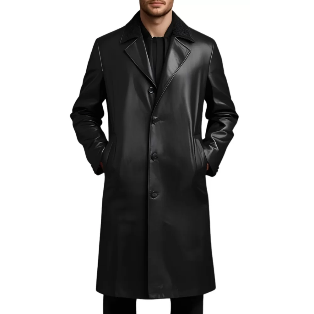 Manteau classique homme en cuir d'agneau noir fermeture par boutons modèle 50 Manteau classique homme en cuir d'agneau noir fermeture par boutons modèle 50
