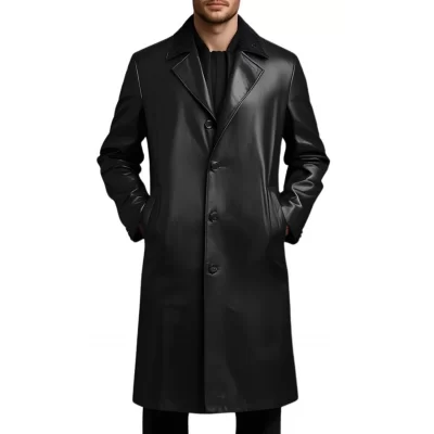 Manteau classique homme en cuir d'agneau noir fermeture par boutons modèle 50