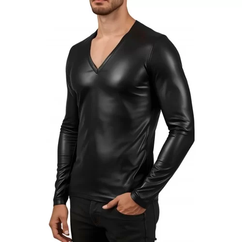 Tee-shirt en cuir d'agneau stretch col en V modèle kalianté