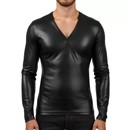 Tee-shirt en cuir d'agneau stretch col en V modèle kalianté