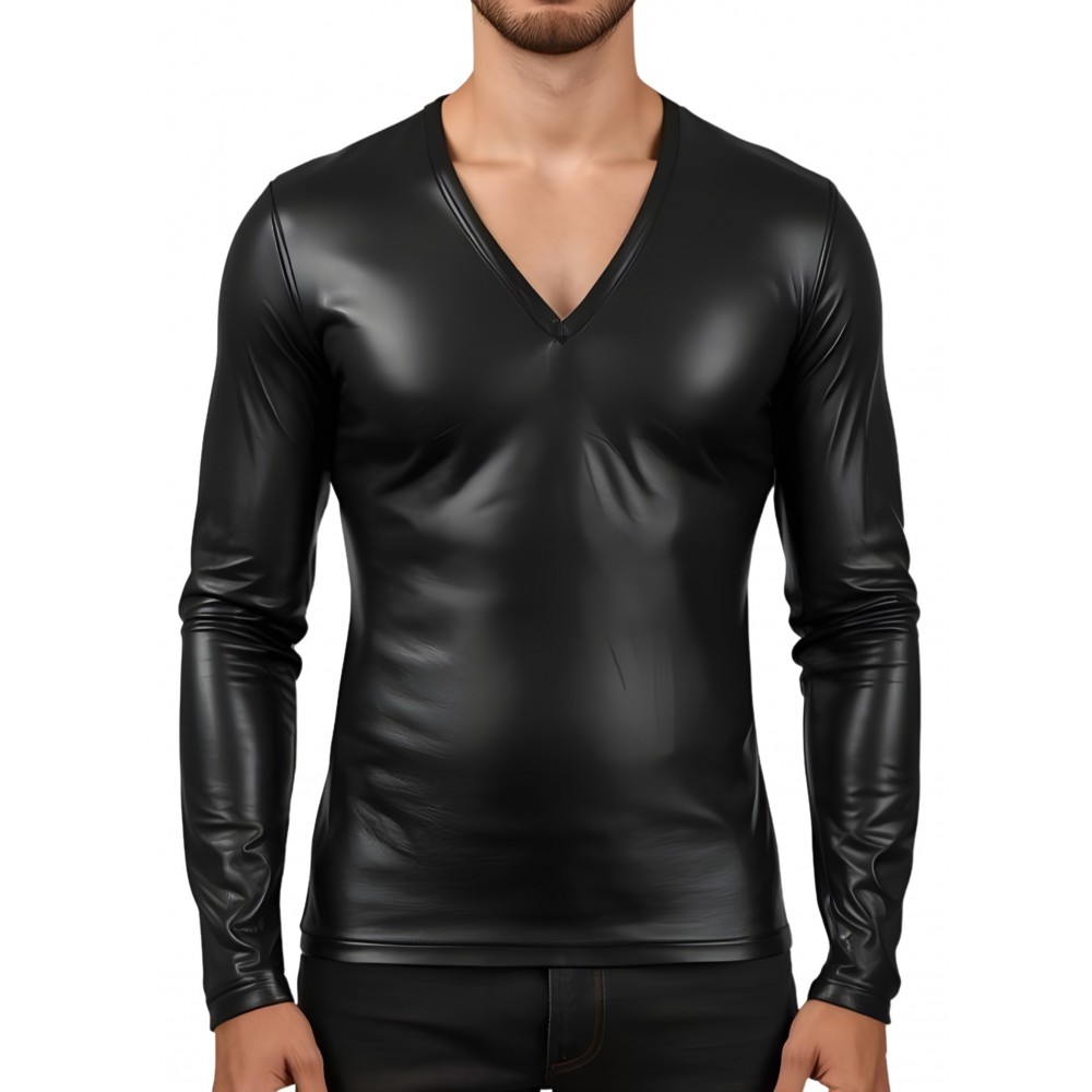 Tee-shirt en cuir d'agneau stretch col en V modèle kalianté