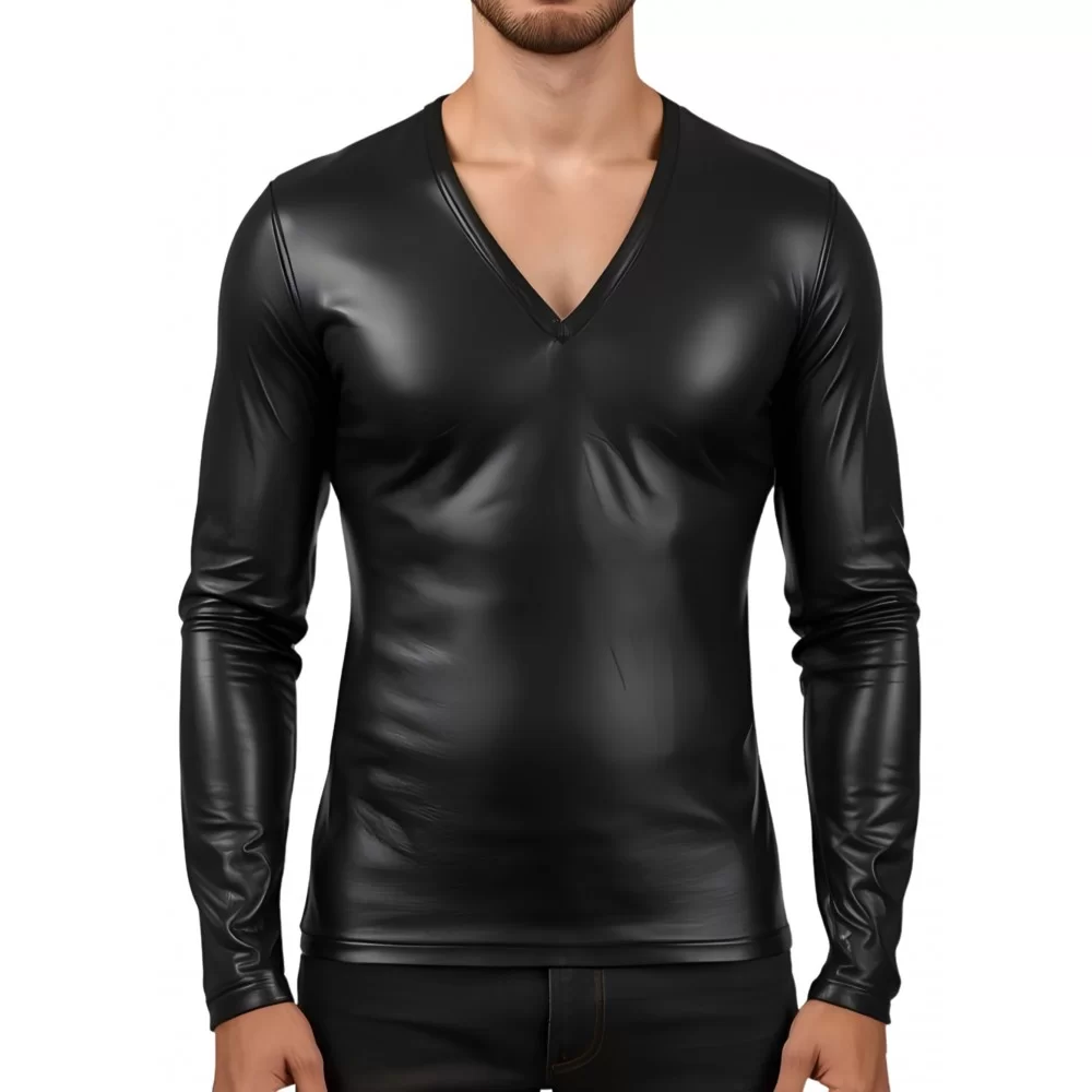 Tee-shirt en cuir d'agneau stretch col en V modèle kalianté Tee-shirt en cuir d'agneau stretch col en V modèle kalianté