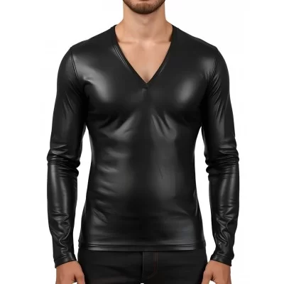 Tee-shirt en cuir d'agneau stretch col en V modèle kalianté