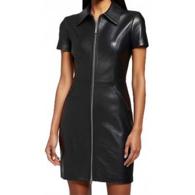 Robe en cuir mi longue manches courtes en cuir d'agneau noir fermeture par zip sur l'avant modèle Paolare