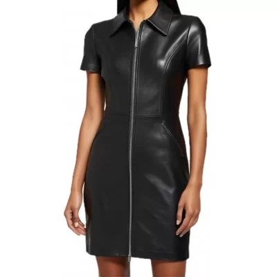 Robe en cuir mi longue manches courtes en cuir d'agneau noir fermeture par zip sur l'avant modèle Paolare