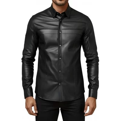Chemise homme en cuir d'agneau stretch noir fermeture par pressions modèle Hamoury