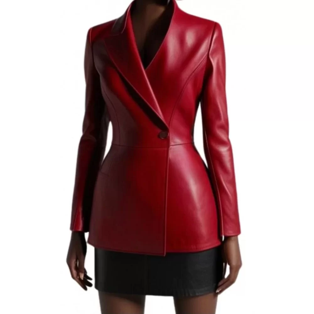 Blazer croisè femme en cuir d'agneau plongé rouge modèle Quilie
