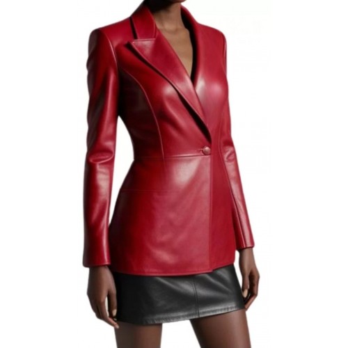 Blazer croisè femme en cuir d'agneau plongé rouge modèle Quilie