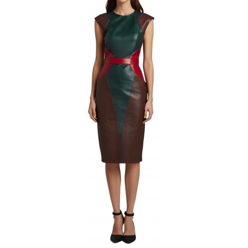 Robe mi longue en cuir d'agneau de trois couleurs marron vert et rouge sans manches modèle Cirnaly