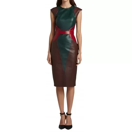 Robe mi longue en cuir d'agneau de trois couleurs marron vert et rouge sans manches modèle Cirnaly