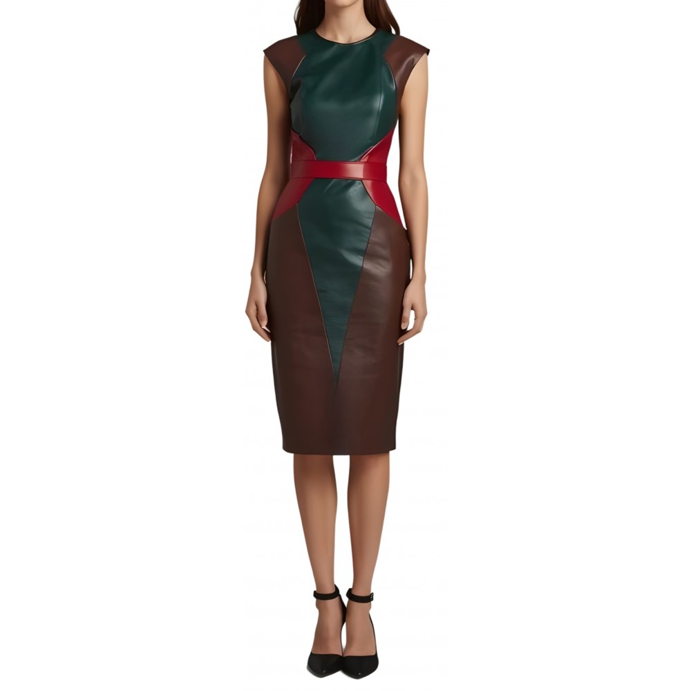 Robe mi longue en cuir d'agneau de trois couleurs marron vert et rouge sans manches modèle Cirnaly