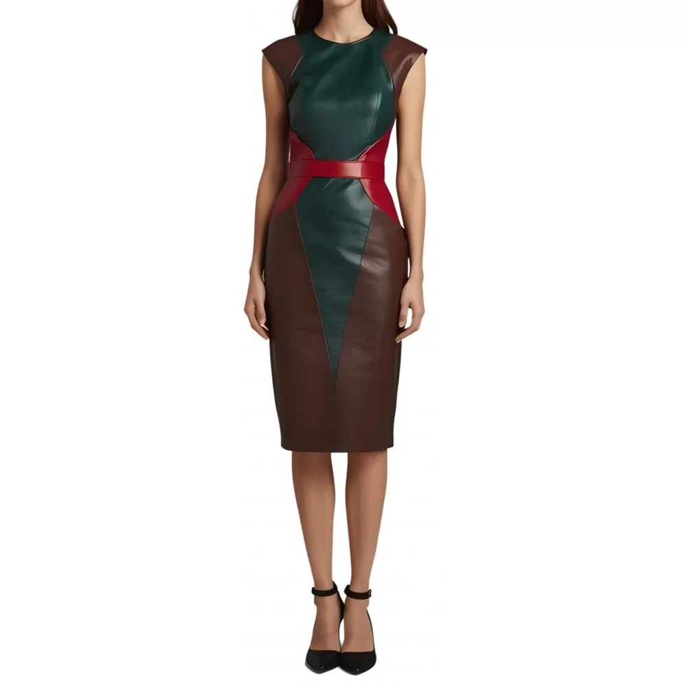 Robe mi longue en cuir d'agneau de trois couleurs marron vert et rouge sans manches modèle Cirnaly