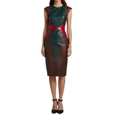 Robe mi longue en cuir d'agneau de trois couleurs marron vert et rouge sans manches modèle Cirnaly