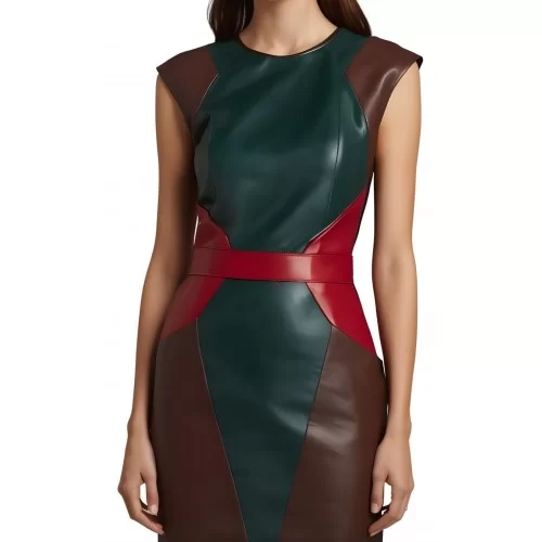 Robe mi longue en cuir d'agneau de trois couleurs marron vert et rouge sans manches modèle Cirnaly