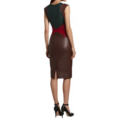 Robe mi longue en cuir d'agneau de trois couleurs marron vert et rouge sans manches modèle Cirnaly