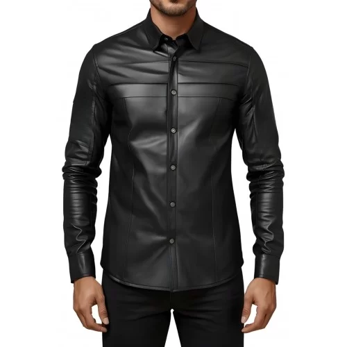 Chemise homme en cuir d'agneau stretch noir fermeture par pressions modèle Hamoury