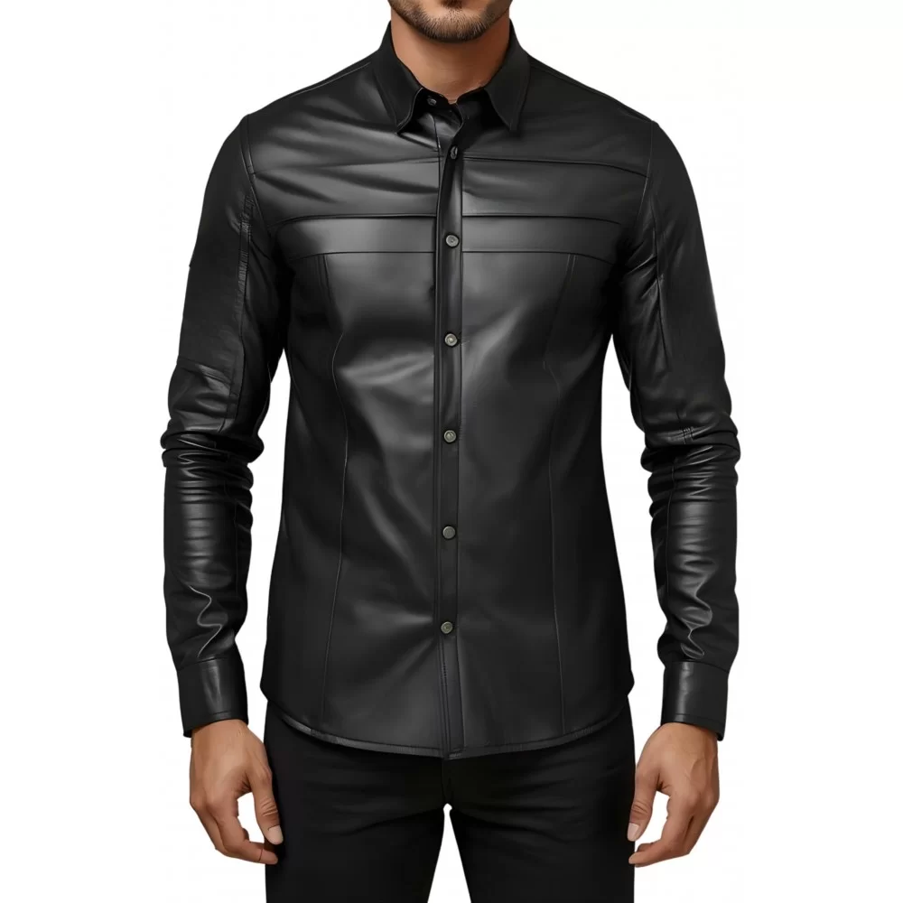 Chemise homme en cuir d'agneau stretch noir fermeture par pressions modèle Hamoury
