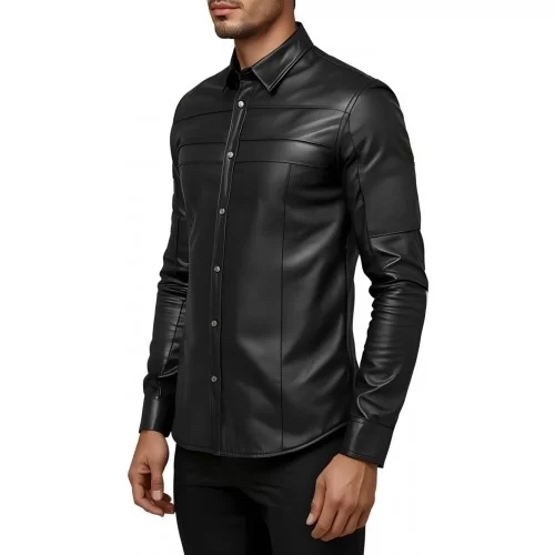 Chemise homme en cuir d'agneau stretch noir fermeture par pressions modèle Hamoury