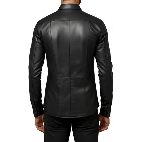 Chemise homme en cuir d'agneau stretch noir fermeture par pressions modèle Hamoury