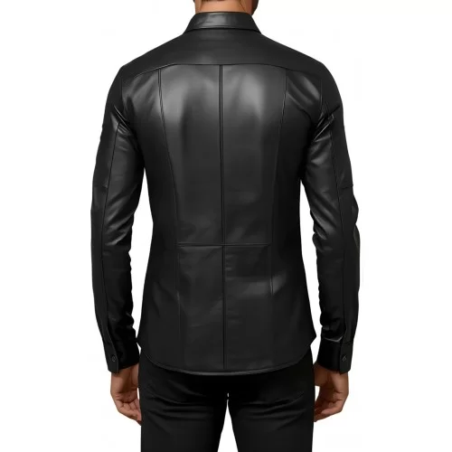 Chemise homme en cuir d'agneau stretch noir fermeture par pressions modèle Hamoury