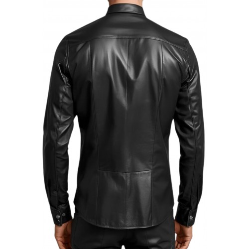 Chemise homme en cuir d'agneau stretch noir fermeture par pressions métal modèle Viginien