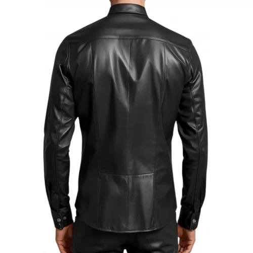 Chemise homme en cuir d'agneau stretch noir fermeture par pressions métal modèle Viginien