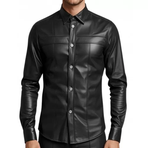 Chemise homme en cuir d'agneau stretch noir fermeture par pressions métal modèle Viginien