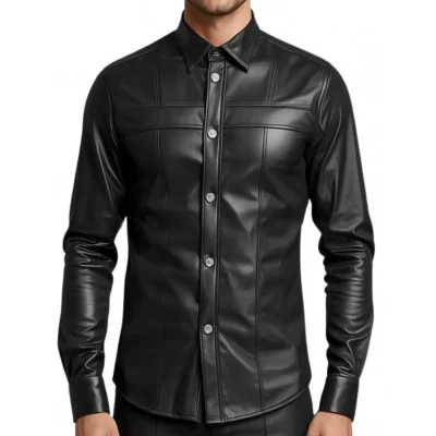 Chemise homme en cuir d'agneau stretch noir fermeture par pressions métal modèle Viginien