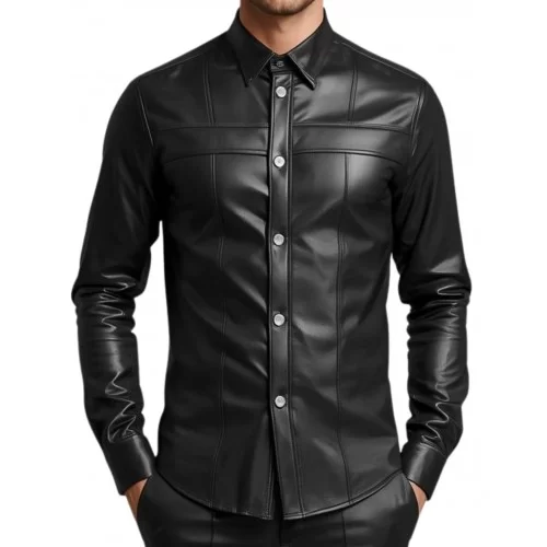Chemise homme en cuir d'agneau stretch noir fermeture par pressions métal modèle Viginien