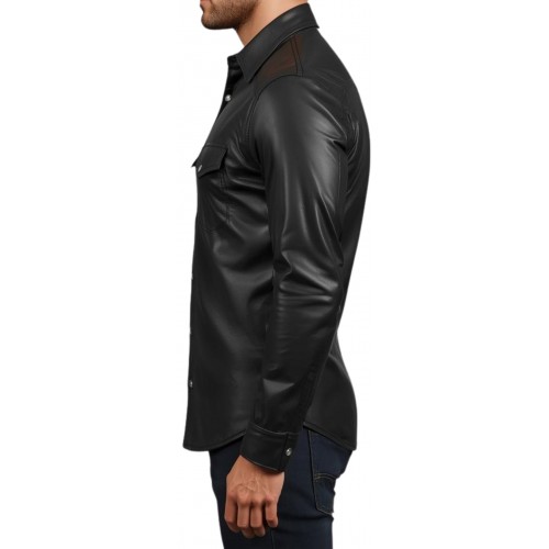 Chemise homme en cuir d'agneau stretch noir fermeture par pressions métal modèle Raloule