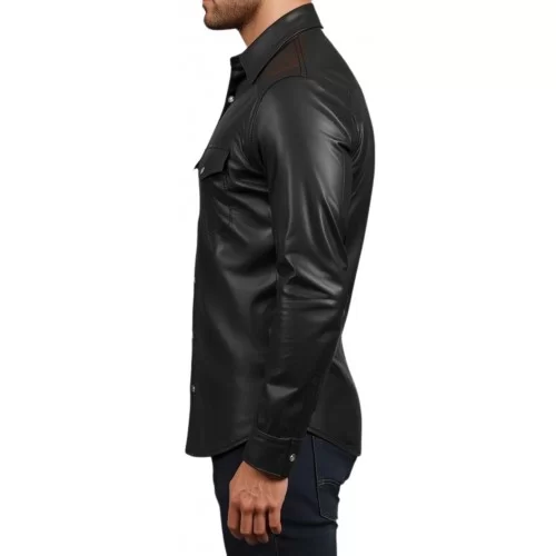 Chemise homme en cuir d'agneau stretch noir fermeture par pressions métal modèle Raloule