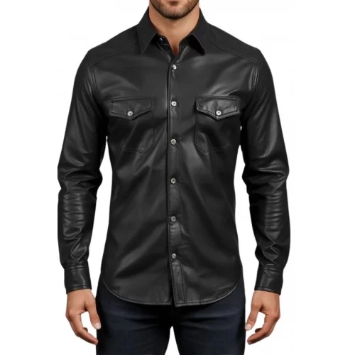 Chemise homme en cuir d'agneau stretch noir fermeture par pressions métal modèle Raloule