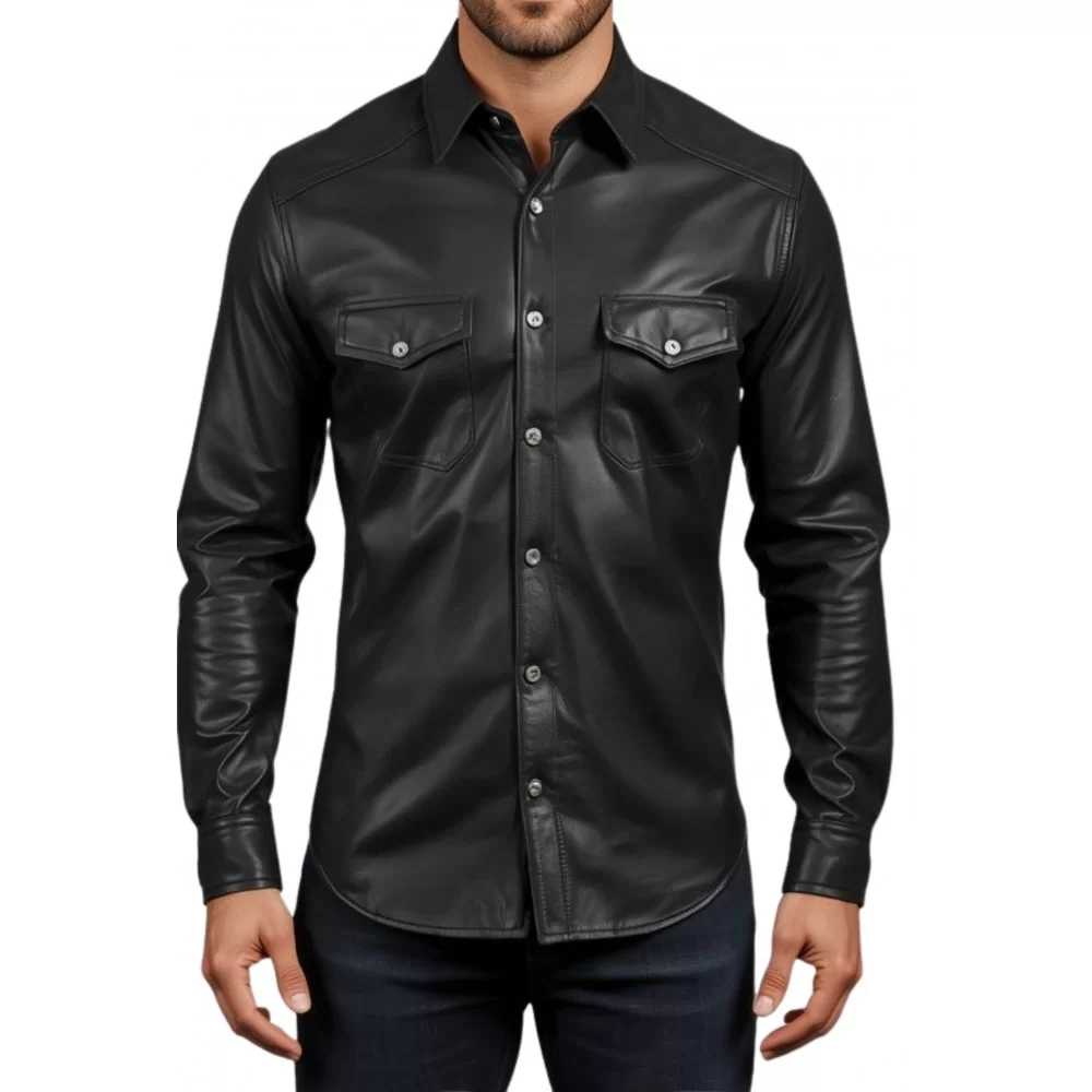 Chemise homme en cuir d'agneau stretch noir fermeture par pressions métal modèle Raloule Chemise homme en cuir d'agneau stretch noir fermeture par pressions métal modèle Raloule