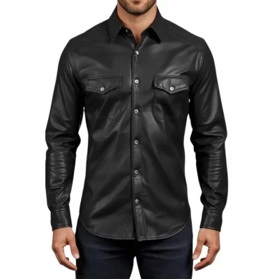 Chemise homme en cuir d'agneau stretch noir fermeture par pressions métal modèle Raloule