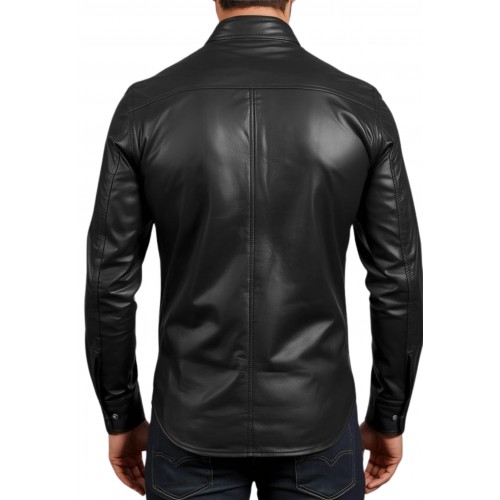 Chemise homme en cuir d'agneau stretch noir fermeture par pressions métal modèle Raloule