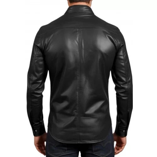 Chemise homme en cuir d'agneau stretch noir fermeture par pressions métal modèle Raloule