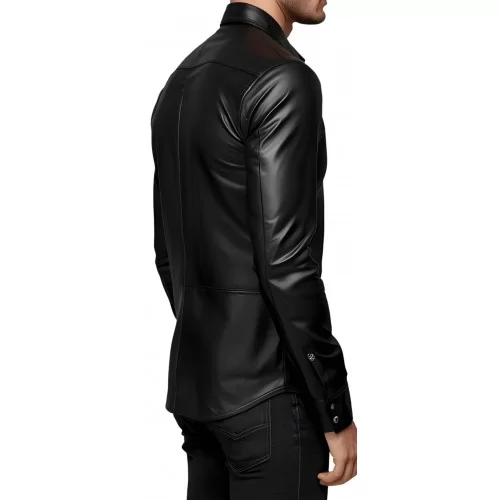 Chemise homme en cuir d'agneau stretch noir fermeture par pressions métal modèle Phylar