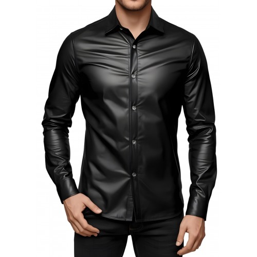 Chemise homme en cuir d'agneau stretch noir fermeture par pressions métal modèle Phylar