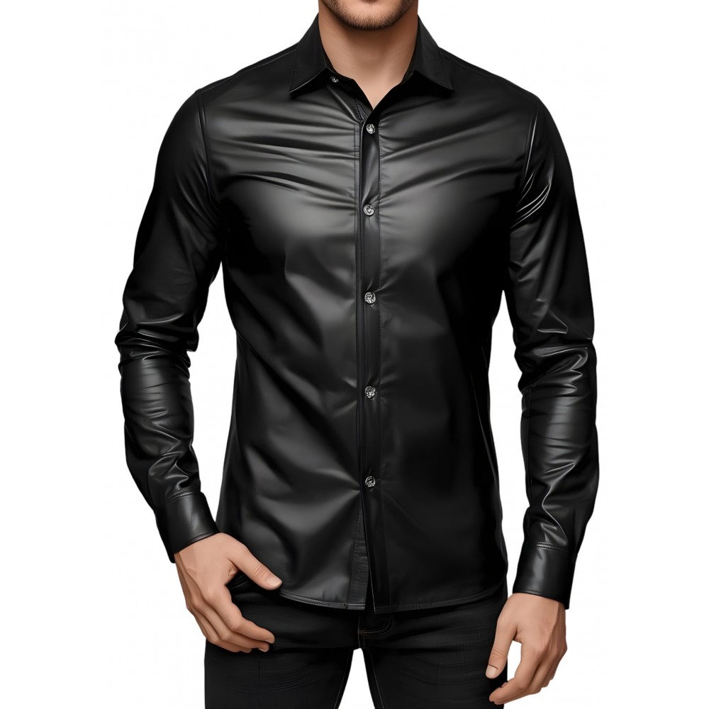 Chemise homme en cuir d'agneau stretch noir fermeture par pressions métal modèle Phylar