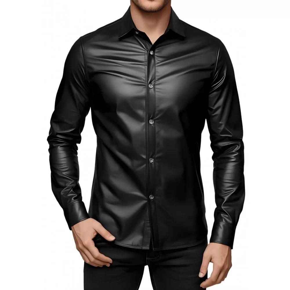 Chemise homme en cuir d'agneau stretch noir fermeture par pressions métal modèle Phylar Chemise homme en cuir d'agneau stretch noir fermeture par pressions métal modèle Phylar