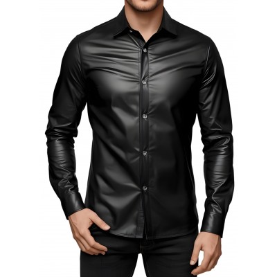 Chemise homme en cuir d'agneau stretch noir fermeture par pressions métal modèle Phylar