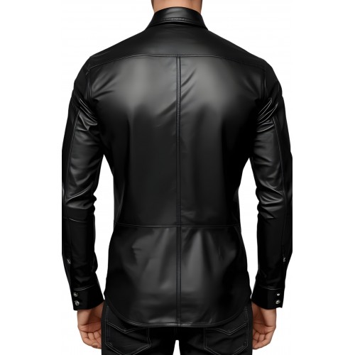 Chemise homme en cuir d'agneau stretch noir fermeture par pressions métal modèle Phylar