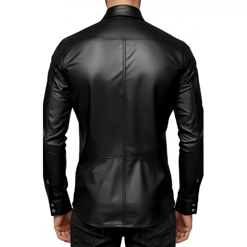 Chemise homme en cuir d'agneau stretch noir fermeture par pressions métal modèle Phylar