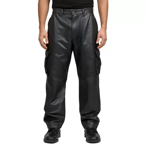 Pantalon style cargo oversize cuir homme en cuir d'agneau noir modèle Karlock