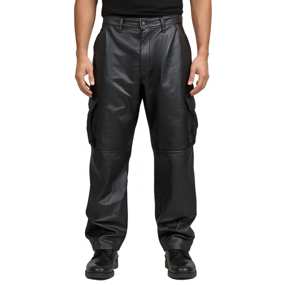 Pantalon style cargo oversize cuir homme en cuir d'agneau noir modèle Karlock