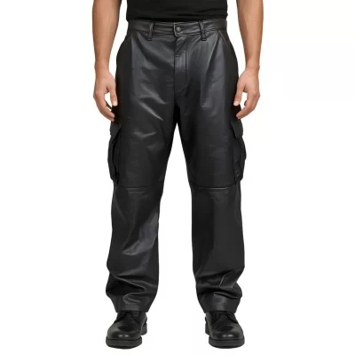 Pantalon style cargo oversize cuir homme en cuir d'agneau noir modèle Karlock