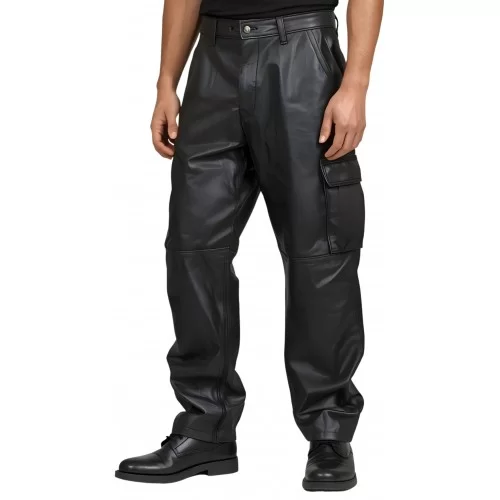 Pantalon style cargo oversize cuir homme en cuir d'agneau noir modèle Karlock