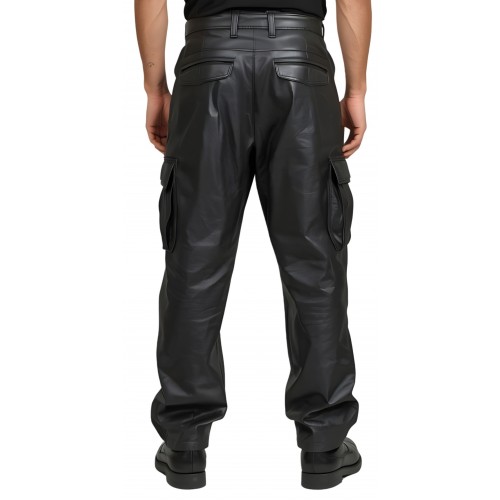 Pantalon style cargo oversize cuir homme en cuir d'agneau noir modèle Karlock