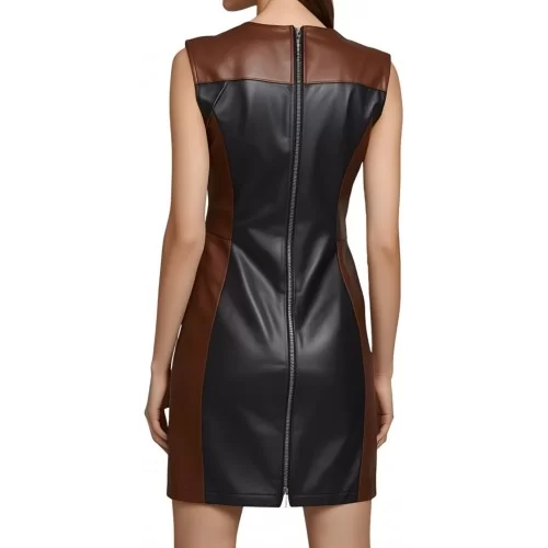 Robe mi courte en cuir d'agneau de deux couleurs noir et marron sans manches modèle Zorra